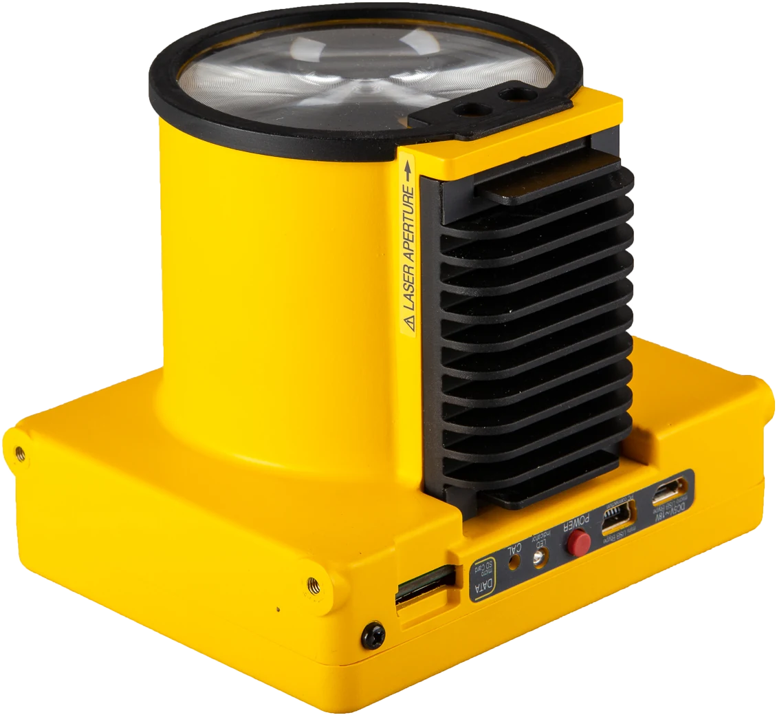 LASER FALCON sensor: yellow housing with a large optical window, a heat sink and a connector panel